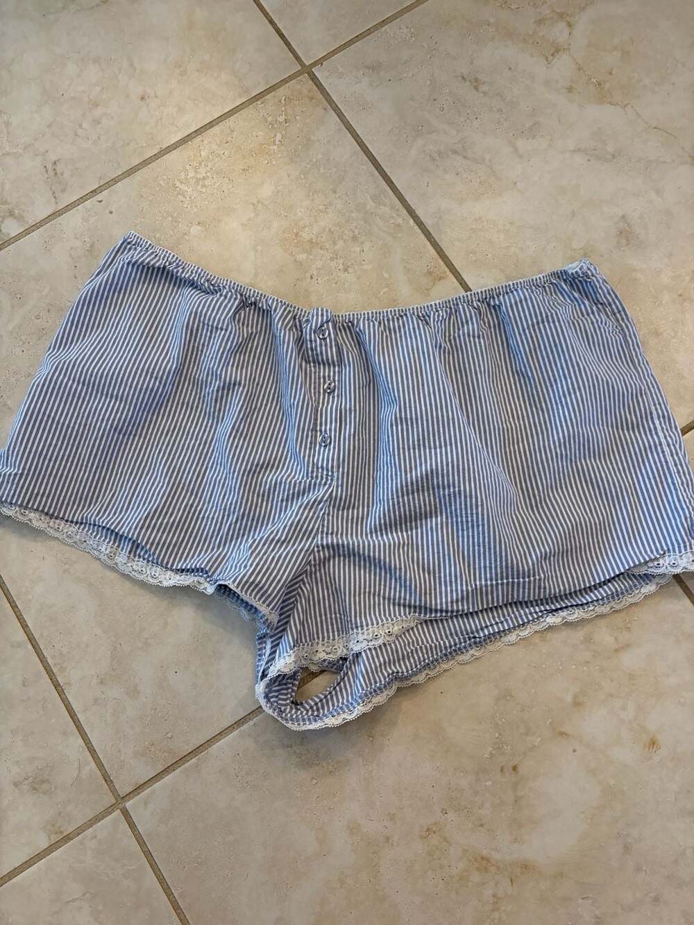 SKIMS Cotton Poplin Stripe Lace Trim Sleep Shorts Blue White XL